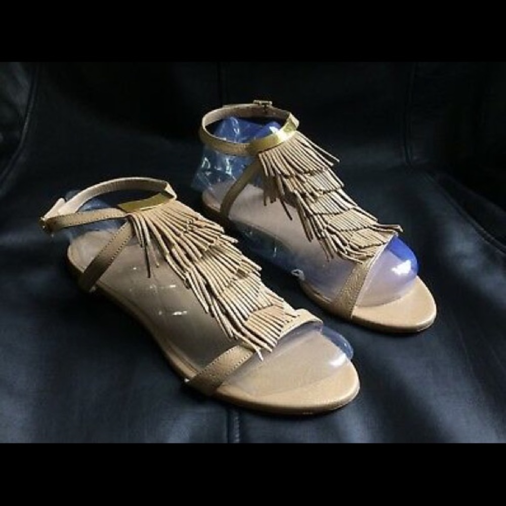 Chloe Fringe Sandals Flat Nude Leather Ankle Strap